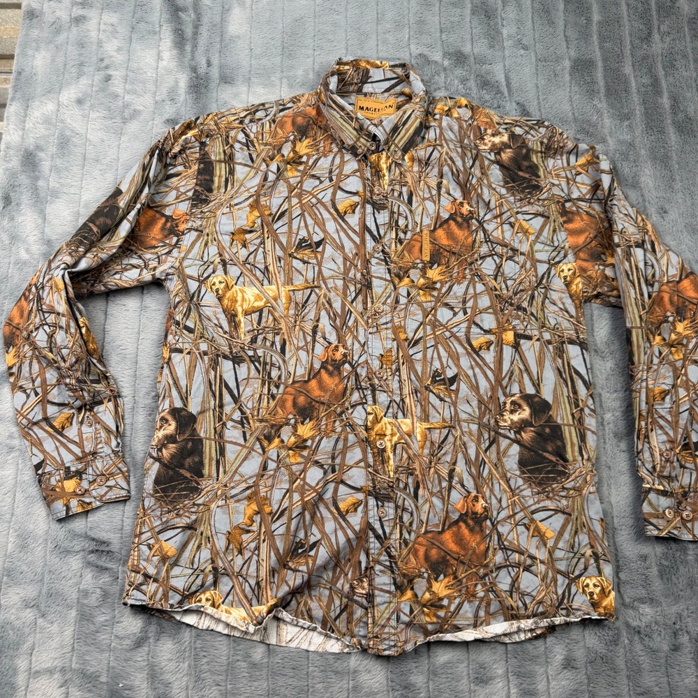 Magellan Sportswear Mens Hunting Dog Camo Button Down Shirt Large Brown Blue L